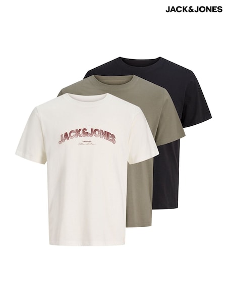 Black/Green/Natural - Regular Jack & Jones Logo T-shirts 3-pack