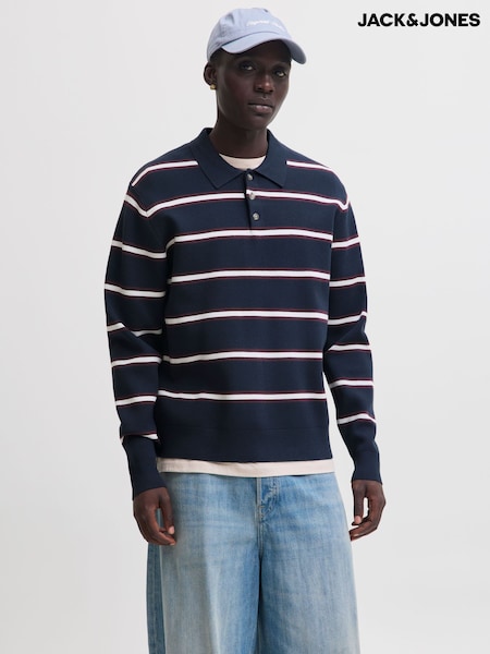 כחול  - Regular Jack & Jones Long Sleeve Stripe Knit Polo Shirt