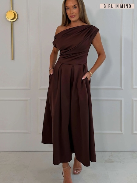 Chocolate Brown - Girl In Mind Betty Asymmetric Neckline Skater Midi Dress