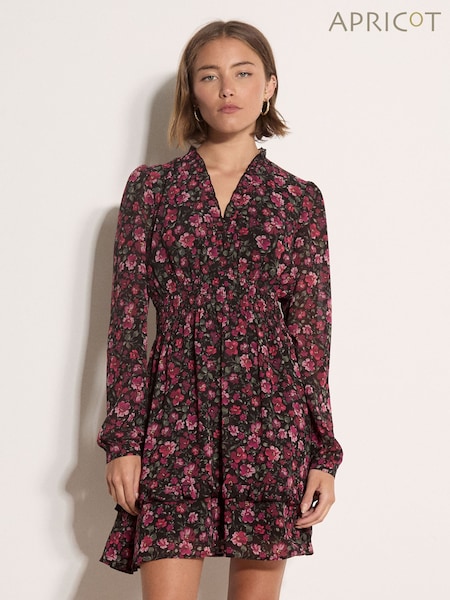 Red - Apricot Floral Ruffle Chiffon Mini Dress