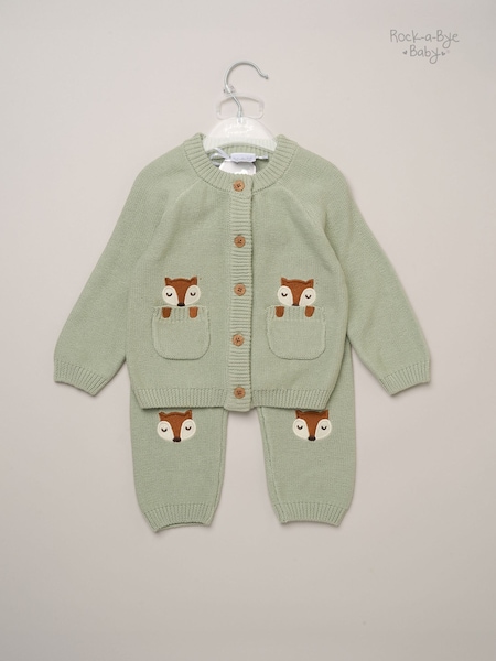 Green - Rock-a-bye Baby Boutique True Knit Applique Fox Cardigan And Trousers Set