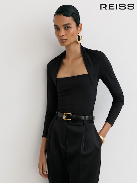 Zwart - Reiss Harriette Square-neck Ruched Long Sleeve Top