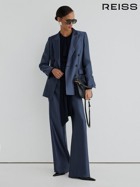Navy - Atelier Navy Satin Pinstripe Double Breasted Blazer