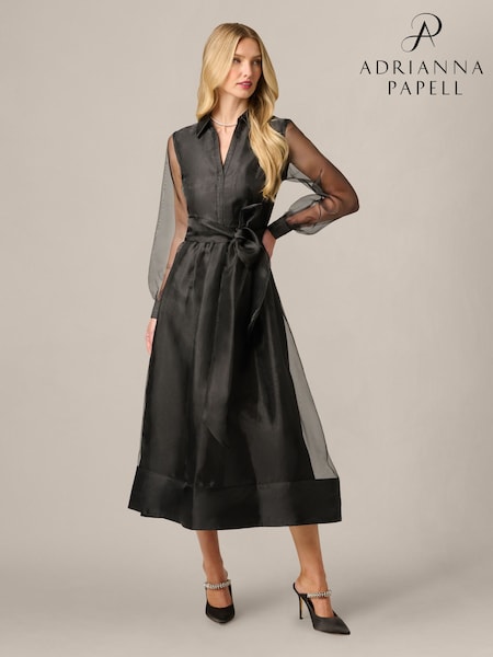 Black - Adrianna Papell Organza Ankle Shirt Dress