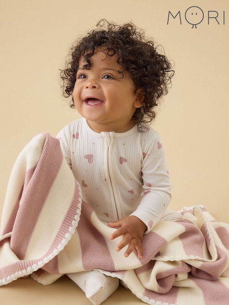 Pink - Mori Supersoft Pink Striped Blanket With Embroidery Stitch