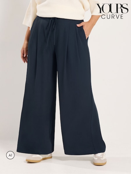Blue - Yours Curve Pleated Wide Leg Trousers