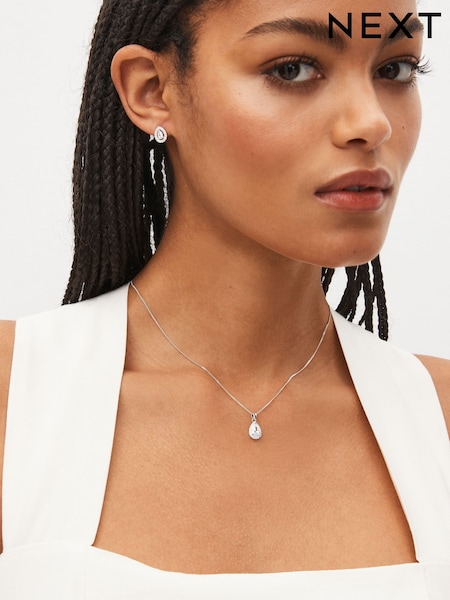 Sterling Silver - Halo Teardrop Necklace (289521) | kr390