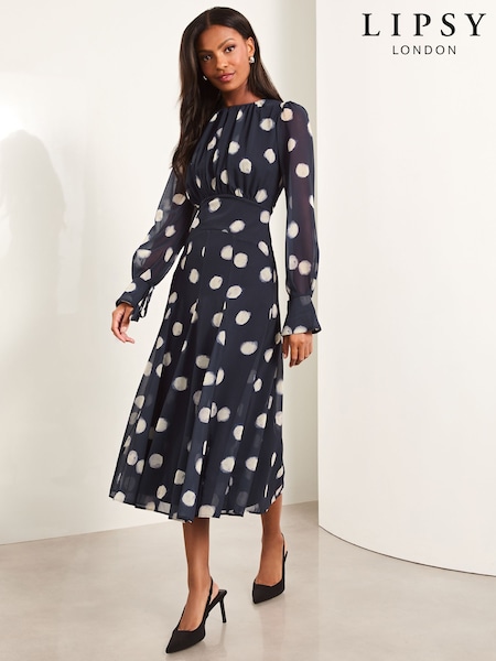 Marineblau/blau - Lipsy Langarm-Midikleid mit Unterbrustnaht und ausgestelltem Schnitt