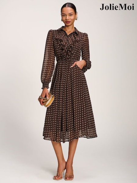 Brown - Jolie Moi Chiffon Print Ruffled Shirt Dress