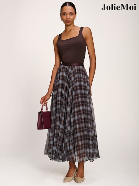 Blue - Jolie Moi Checked Crinkle Mesh Maxi Skirt