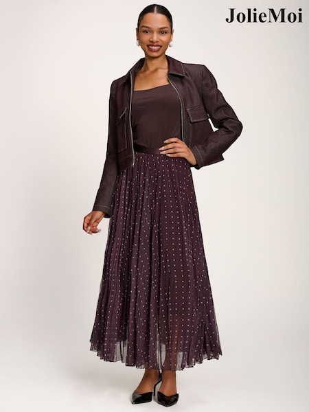 Brown - Jolie Moi Spotty Crinkle Mesh Maxi Skirt