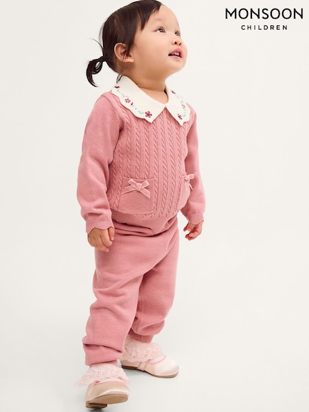 Pink - Monsoon Baby Cable Knit Jumper & Joggers Set