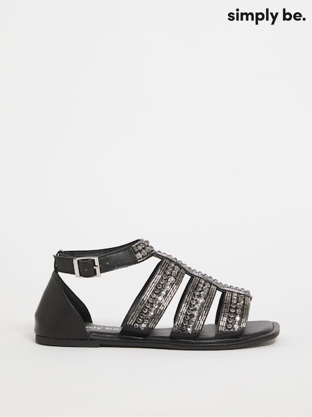 Simply Be Wide Fit Beaded Embellished Black Flat Sandals (290794) | € 13