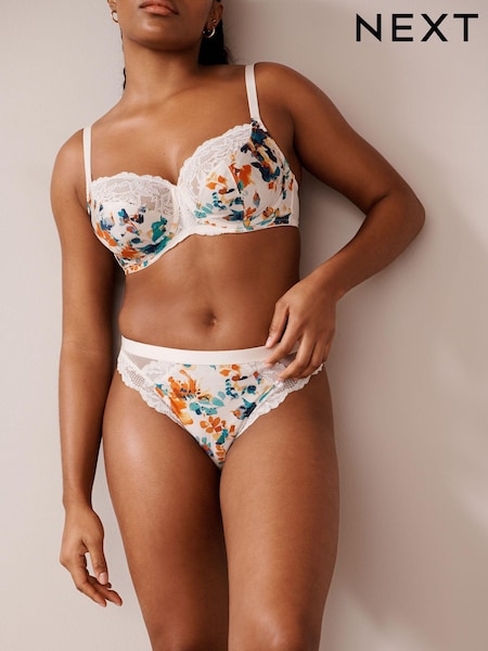 White/Orange Floral Print Lace Trim High Leg Knickers (290799) | €7