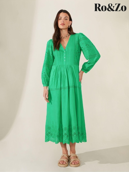 Ro&Zo Green Pintuck Detail Broderie Midi Dress (291111) | €89