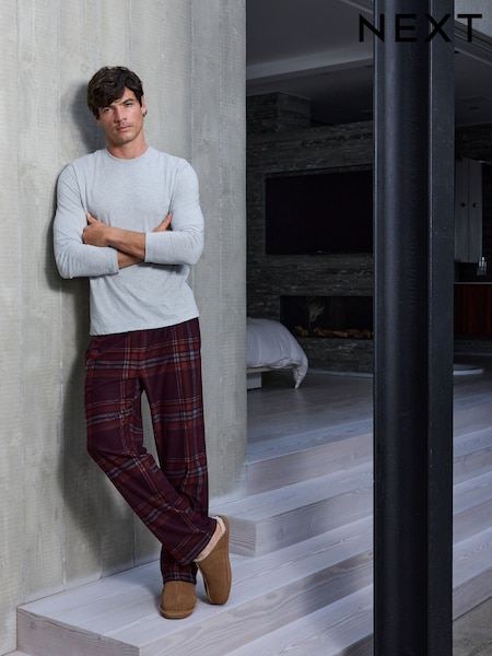 Grey/Burgundy Red - Regular Cosy Check Long Sleeve Jersey Pyjamas Set
