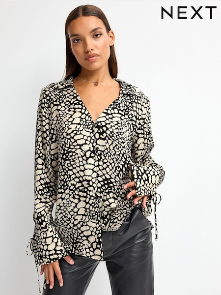 Monochrome Print Tie Sleeve Textured Collared V-Neck Blouse (293172) | €6