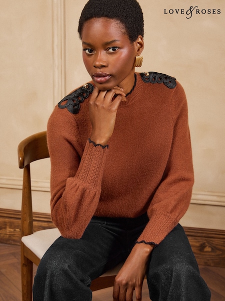 Rust Brown - Love & Roses Frogging Detail High Neck Cosy Knitted Jumper