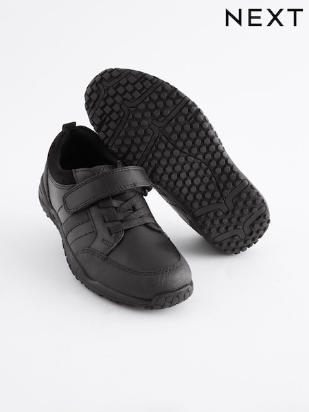 Black Extra Wide Fit (H) School Leather Elastic Lace Shoes (293813) | €40 - €51
