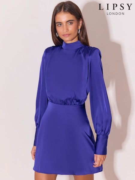 Cobalt Blue - Lipsy Satin Shoulder Padded Long Sleeve Mini Dress