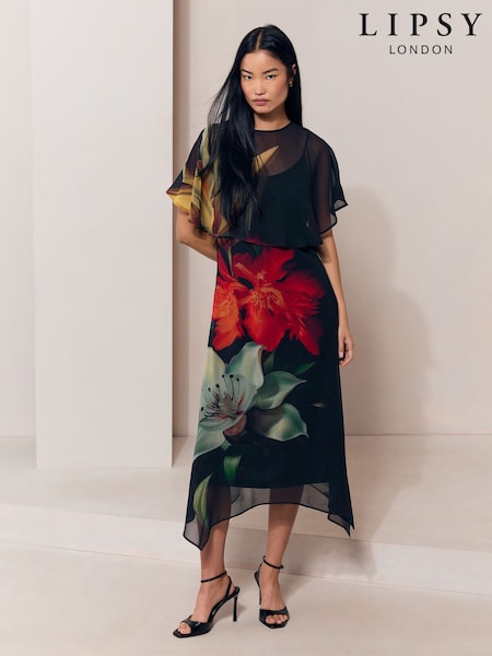 Black - Floral Print Mesh Cape Hanky Hem Fit And Flare Maxi Dress