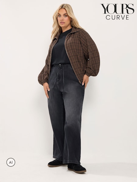 Brown - Yours Curve Gingham Funnel Neck Bomber Jacket