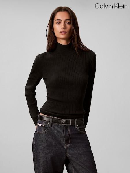 Schwarz - Calvin Klein Merino Wool Ribbed Turtleneck Jumper