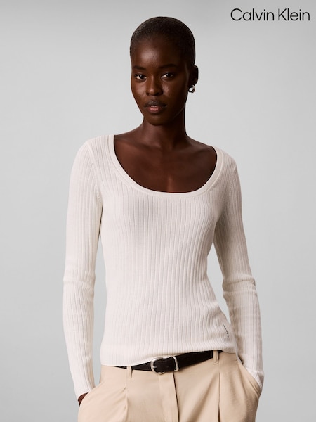 Brun - Calvin Klein Slim Merino Ull Ribbad Jumper