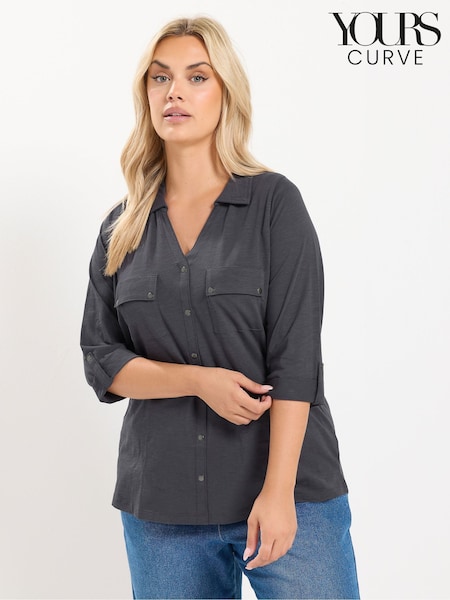 Grey - Yours Curve Jersey Full Placket Shirt
