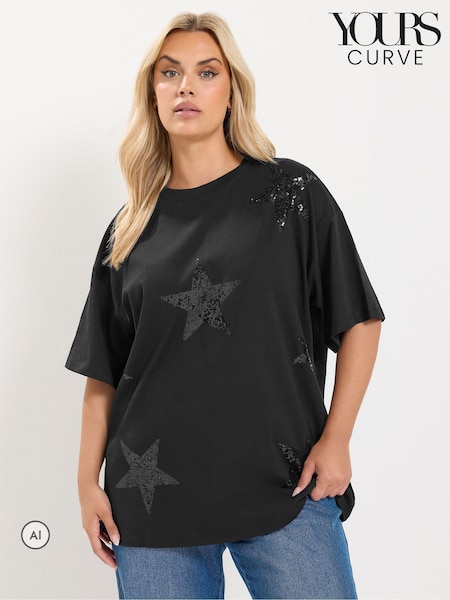 Қара - Yours Curve Drop Shoulder Star T-shirt