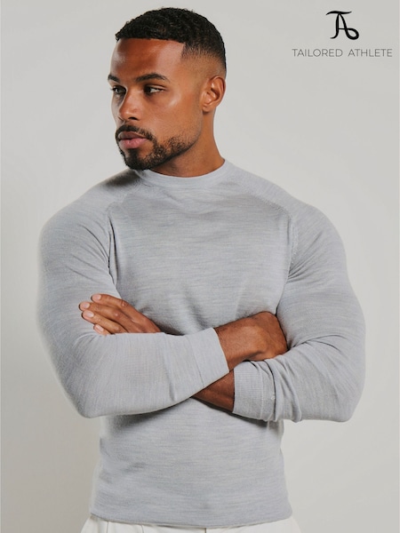Grey - Regular Tailored Athlete Muscle Fit Extra Fine Merino Wool Crew Neck Jumper
