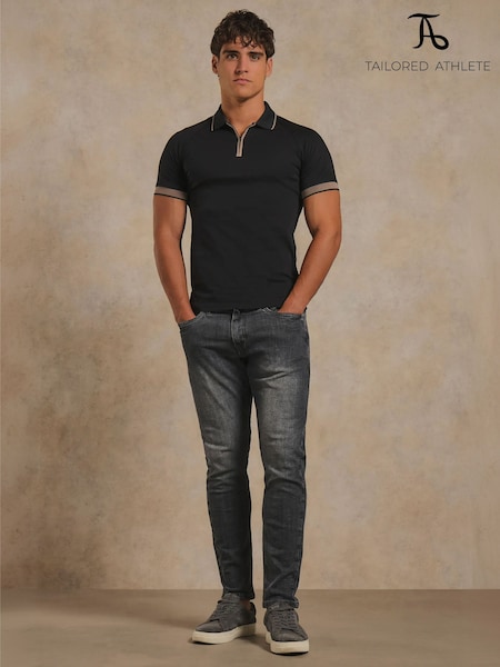 Black - Regular Tailored Athlete Muscle Fit Mercerised Cotton Tipped Zip Neck Polo Shirt