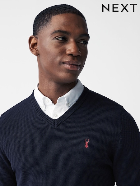 Navy Blue Oxford V-Neck Regular Mock Shirt Jumper (297157) | R$ 400