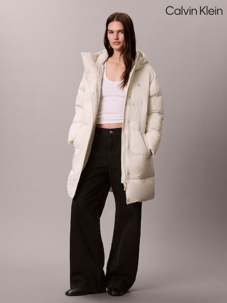 White - Calvin Klein Logo Belt Hooded Puffer Coat