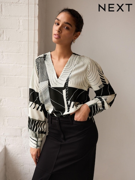 Monochrome Print V-Neck Contrast Stitch Long Sleeve Blouse (297896) | €13