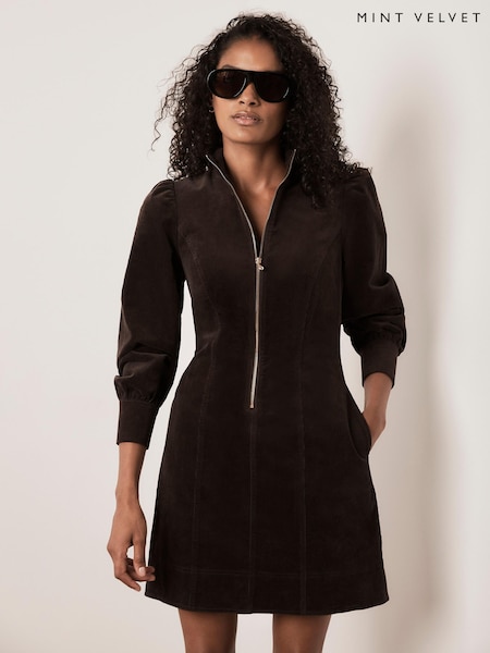 Καφετί - Mint Velvet Corduroy Zip Mini Dress