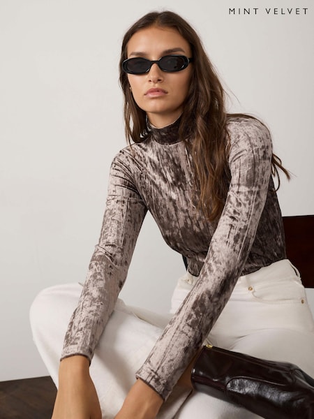 Brown - Mint Velvet Velvet High Neck Top