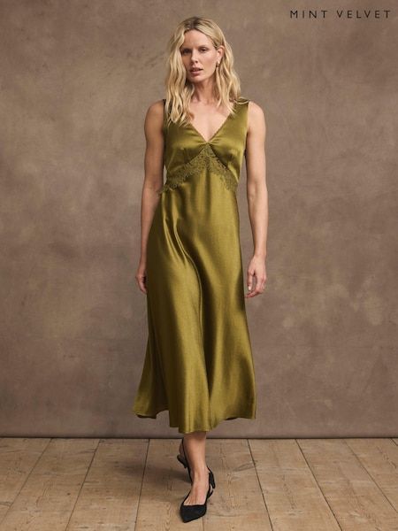 Grün - Mint Velvet Midikleid aus Satin mit Spitzen-Detail