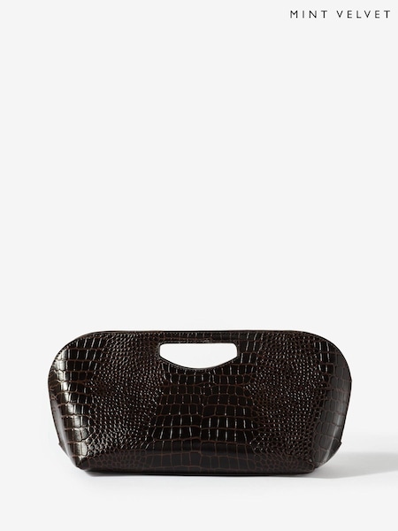Brown - Mint Velvet Maya Leather Croc Effect Clutch Bag