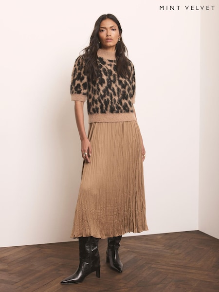 Brown - Mint Velvet Leopard Print 2-in-1 Midi Dress