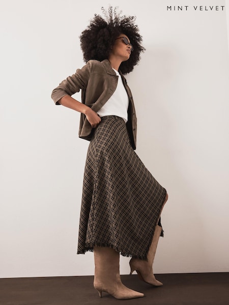 أخضر - Mint Velvet Check Hanky Hem Midi Skirt