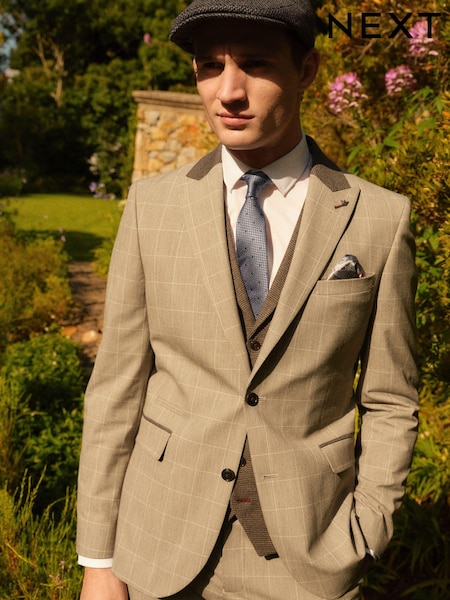 Taupe Brown Slim Fit Trimmed Check Suit Jacket (299235) | AED216