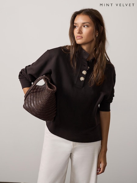 Brown - Mint Velvet Striped Cotton Funnel Neck Sweatshirt