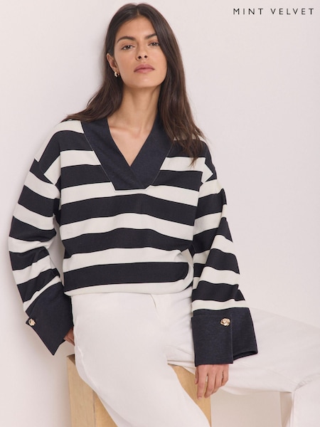 Blau - Mint Velvet Cotton V-neck Button Detail Sweatshirt