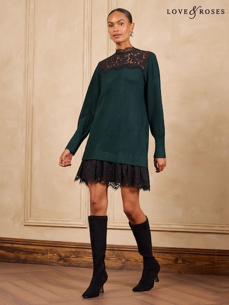 Waldgrün - Love & Roses Lace Detail High Neck Knitted Mini Dress