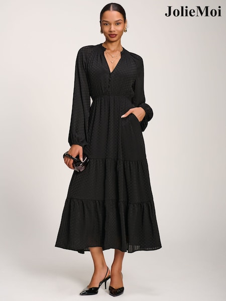 Black - Jolie Moi Long Sleeve Textured Satin Midaxi Dress