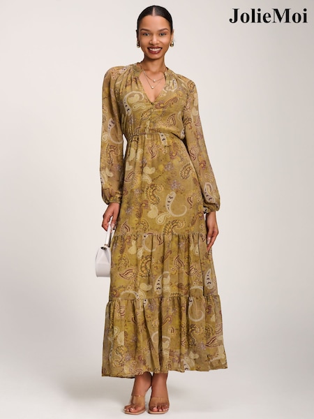 Green - Jolie Moi Long Sleeve Paisley Chiffon Maxi Dress