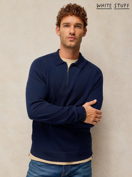 أزرق - Regular White Stuff Conway Ls Merino Zip Polo Shirt