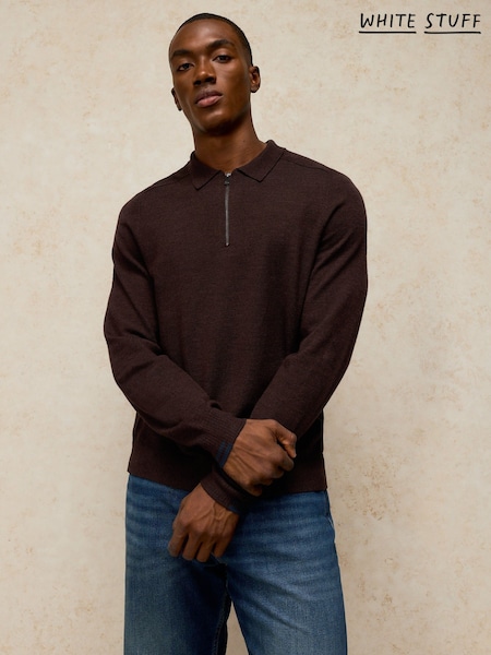 بني - Regular White Stuff Conway Ls Merino Zip Polo Shirt