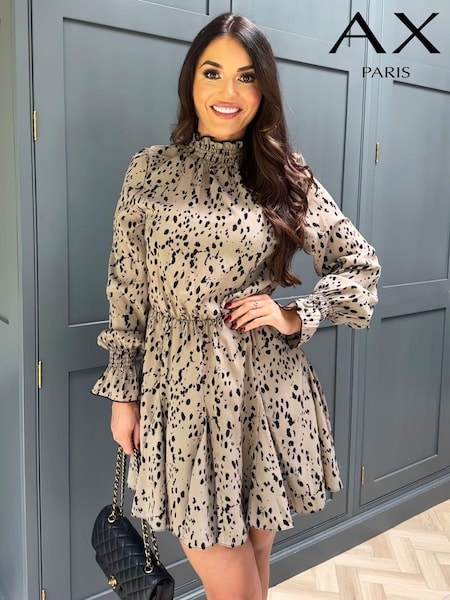 AX Paris Natural Beige Animal Print Long Sleeve Shirred Detail Skater Dress (300695) | 161 LEI